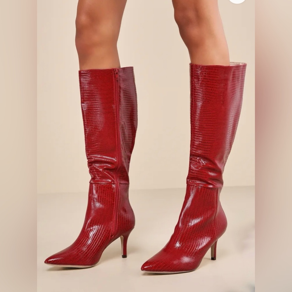 Red Croc-Embossed Knee High Heel Boots